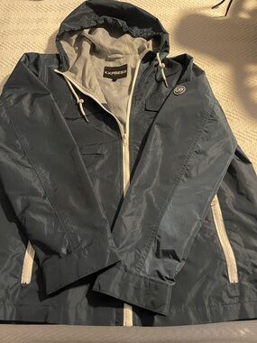 Express Men's Navy Windbreaker with white Trim and Hood